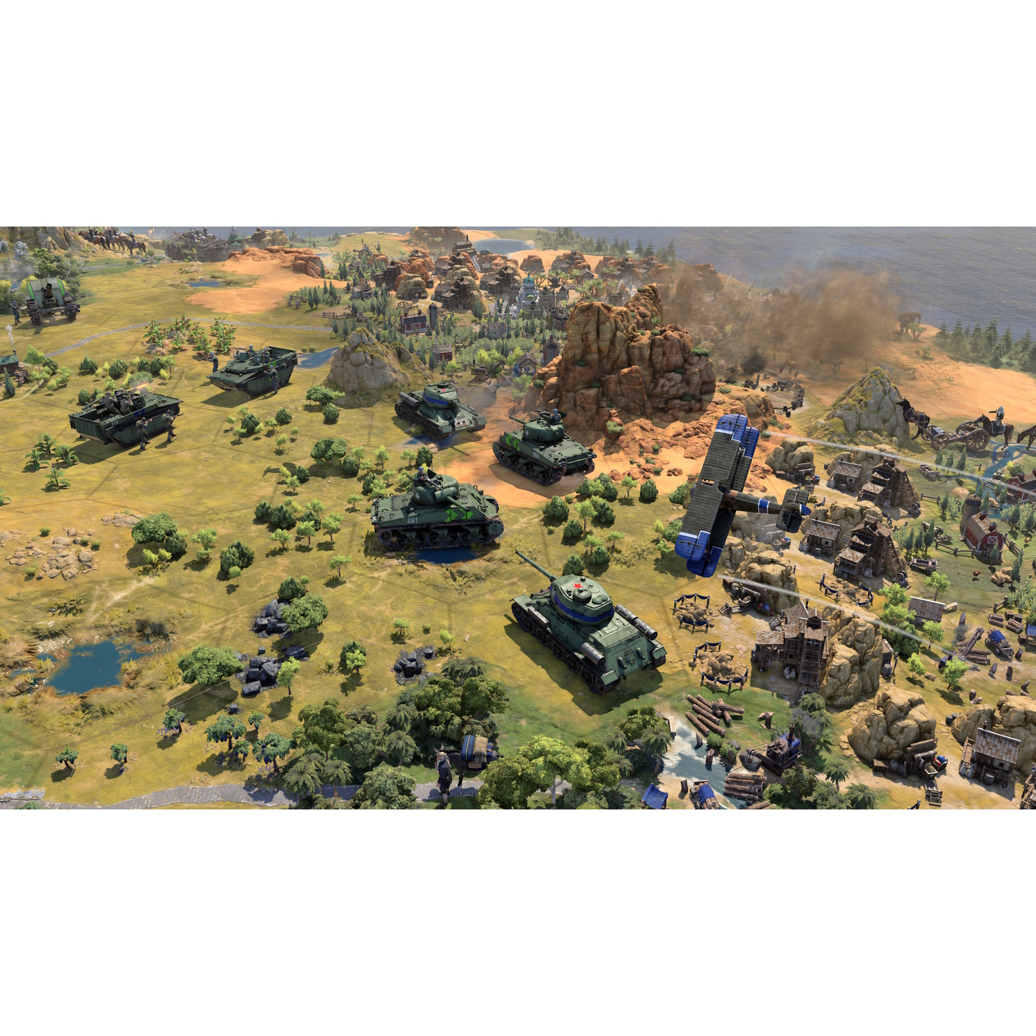 Een game scene toont tanks en andere militaire voertuigen op een groen terrein met een blauwe lucht.