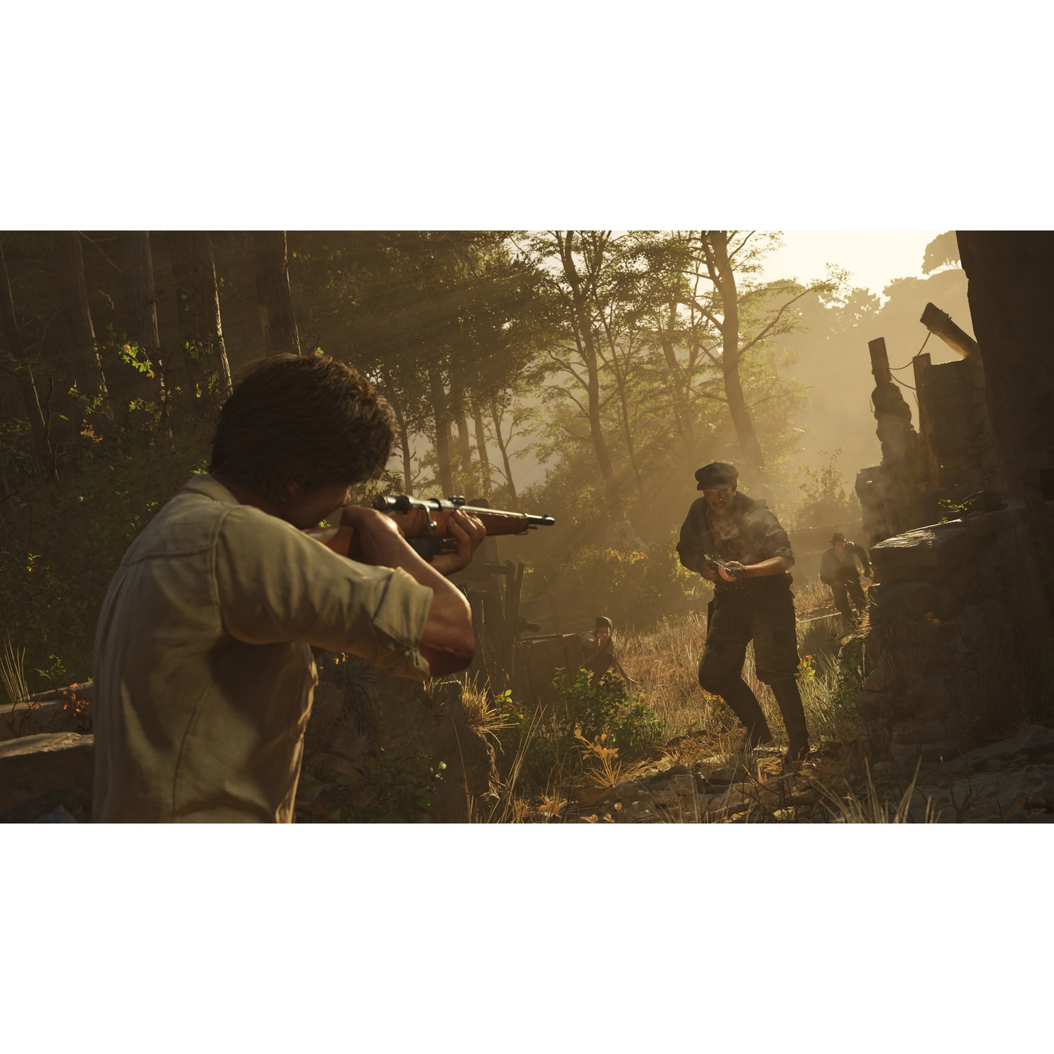 Man aiming rifle, another man running in a forest.