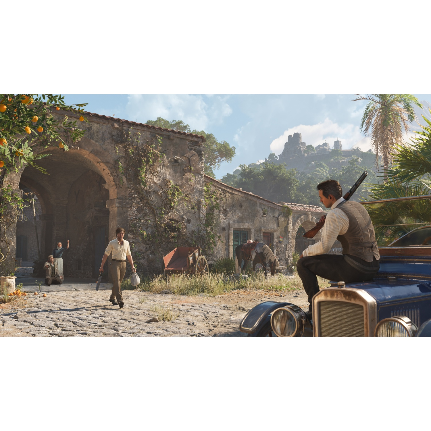 Men with guns by a car near a building with a castle in the background.