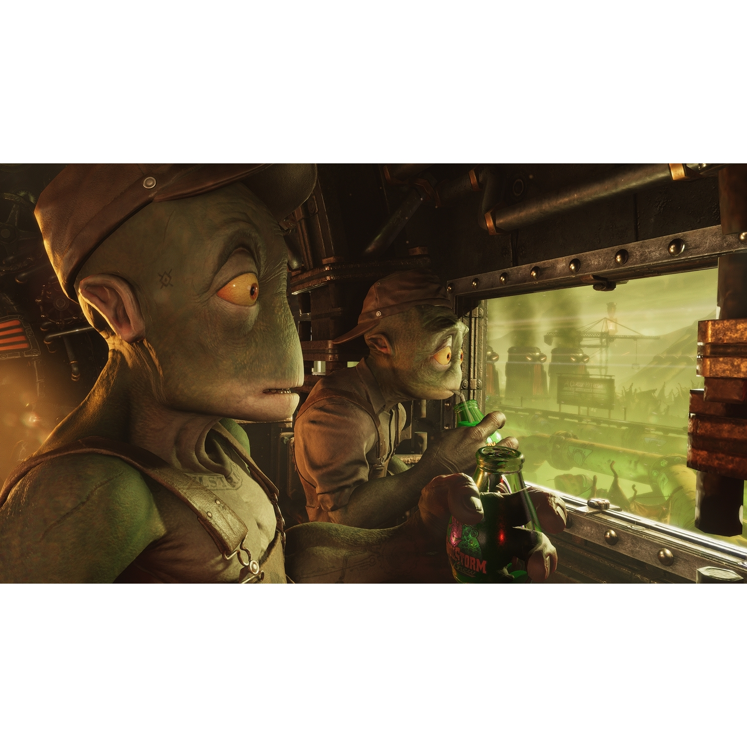 Twee groene aliens in een voertuig, kijken door een raam. Industriële achtergrond met rook.