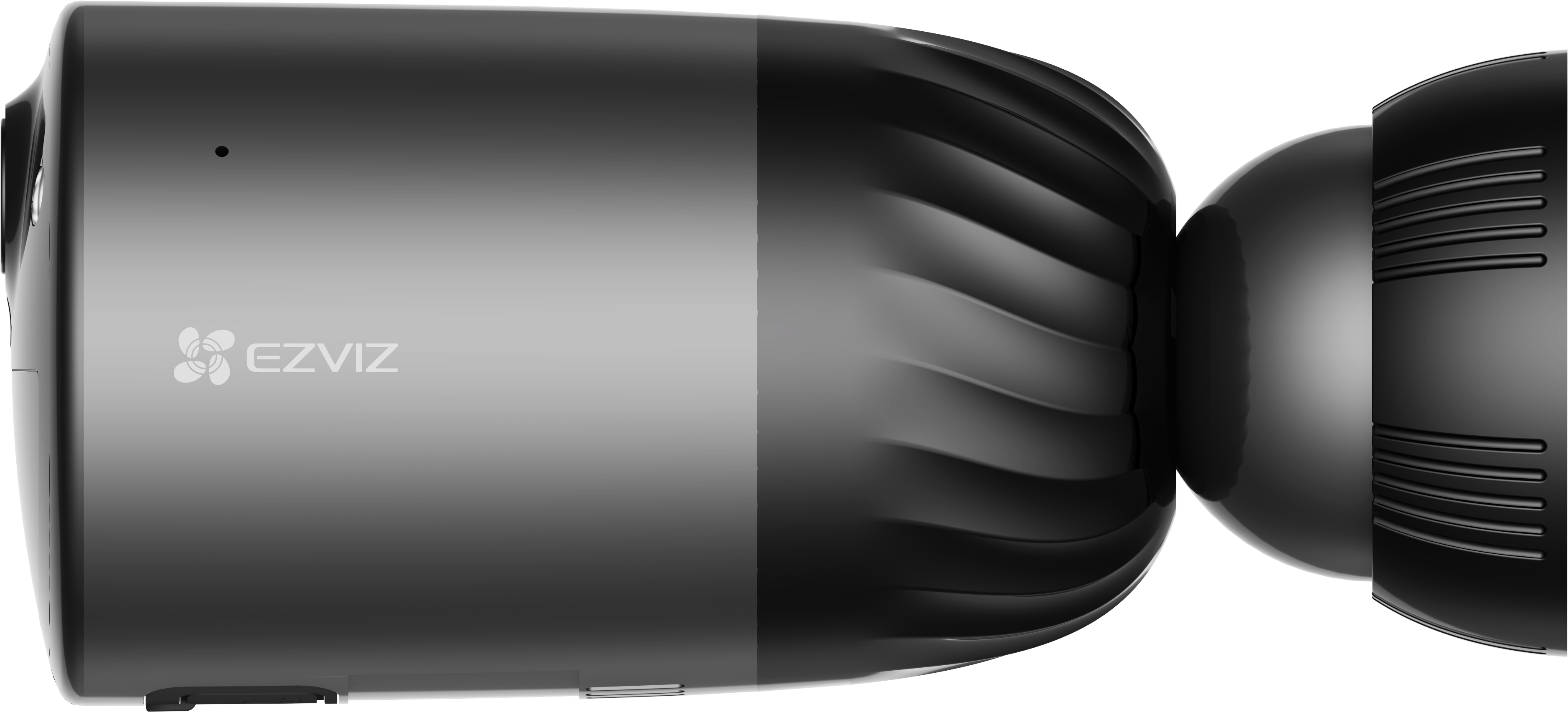 Schwarze Überwachungskamera mit EZVIZ-Logo auf grauem Abschnitt.