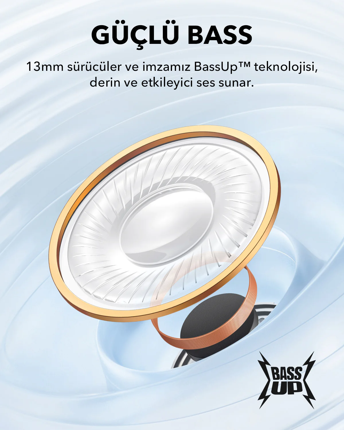 Altın hoparlörlü kulaklık. Metin: 'GÜÇLÜ BASS' (GÜÇLÜ BAS). BassUp logosu görünür.