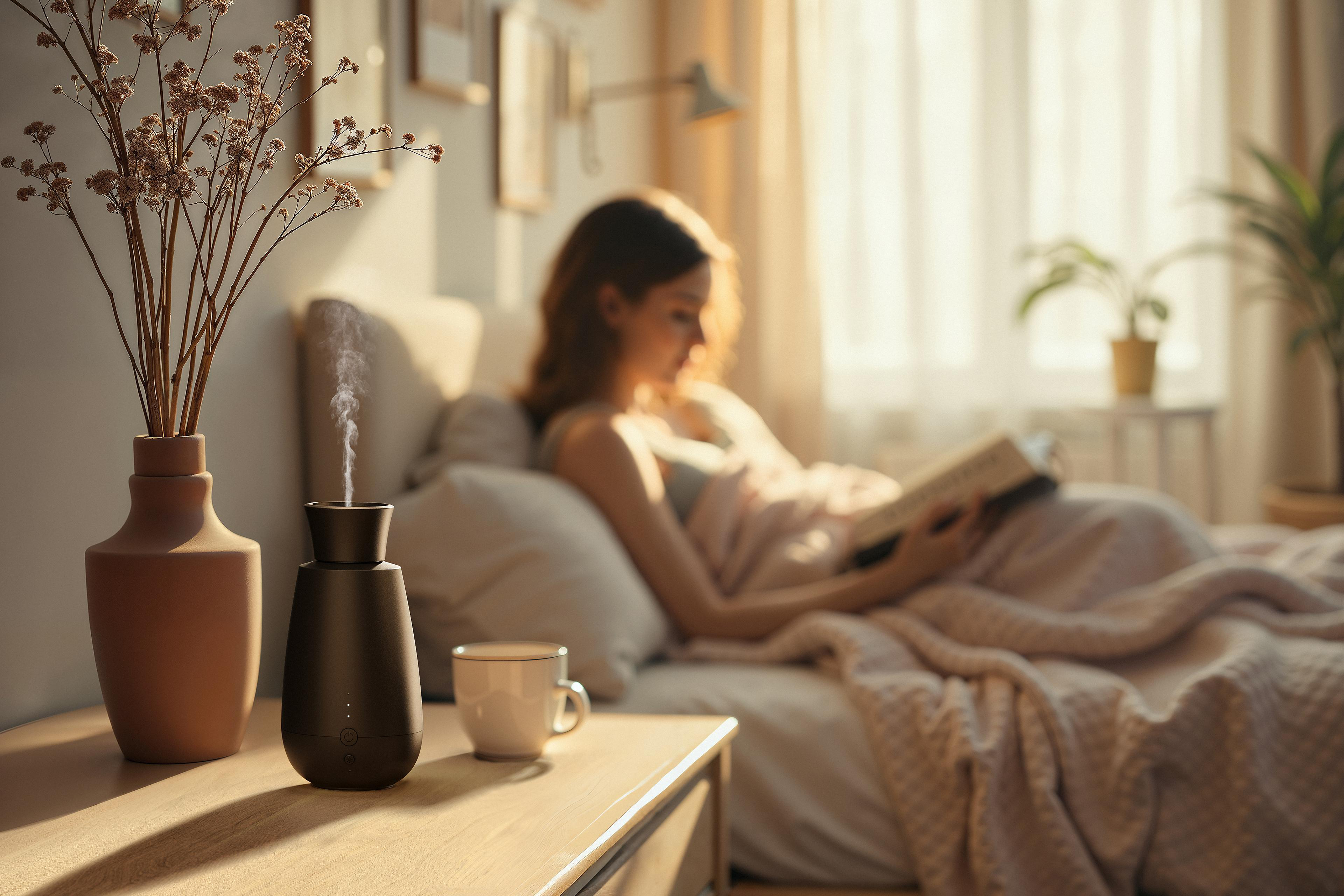 Schlafzimmer mit lesender Frau im Bett. Aroma Diffusor und Vase auf dem Tisch.