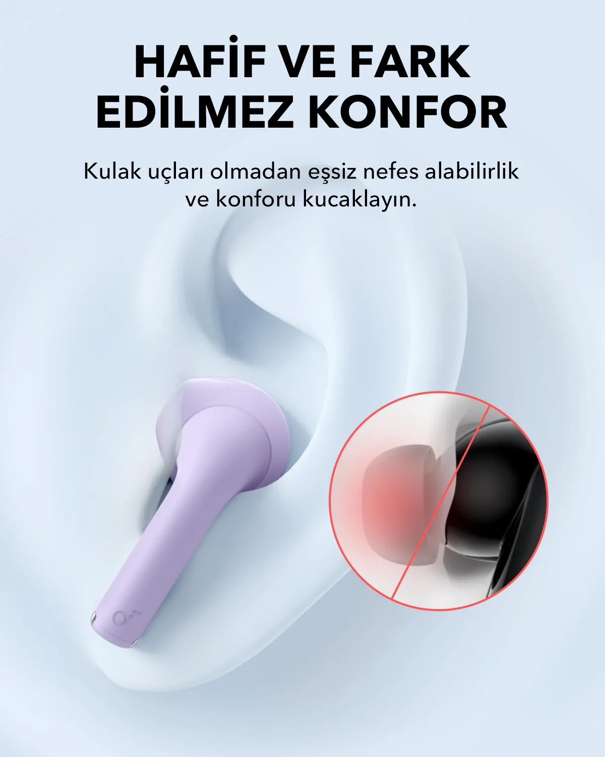 Kulaklık kulakta, nasıl oturduğunu ve kırmızı alanı gösteren bir diyagramla.