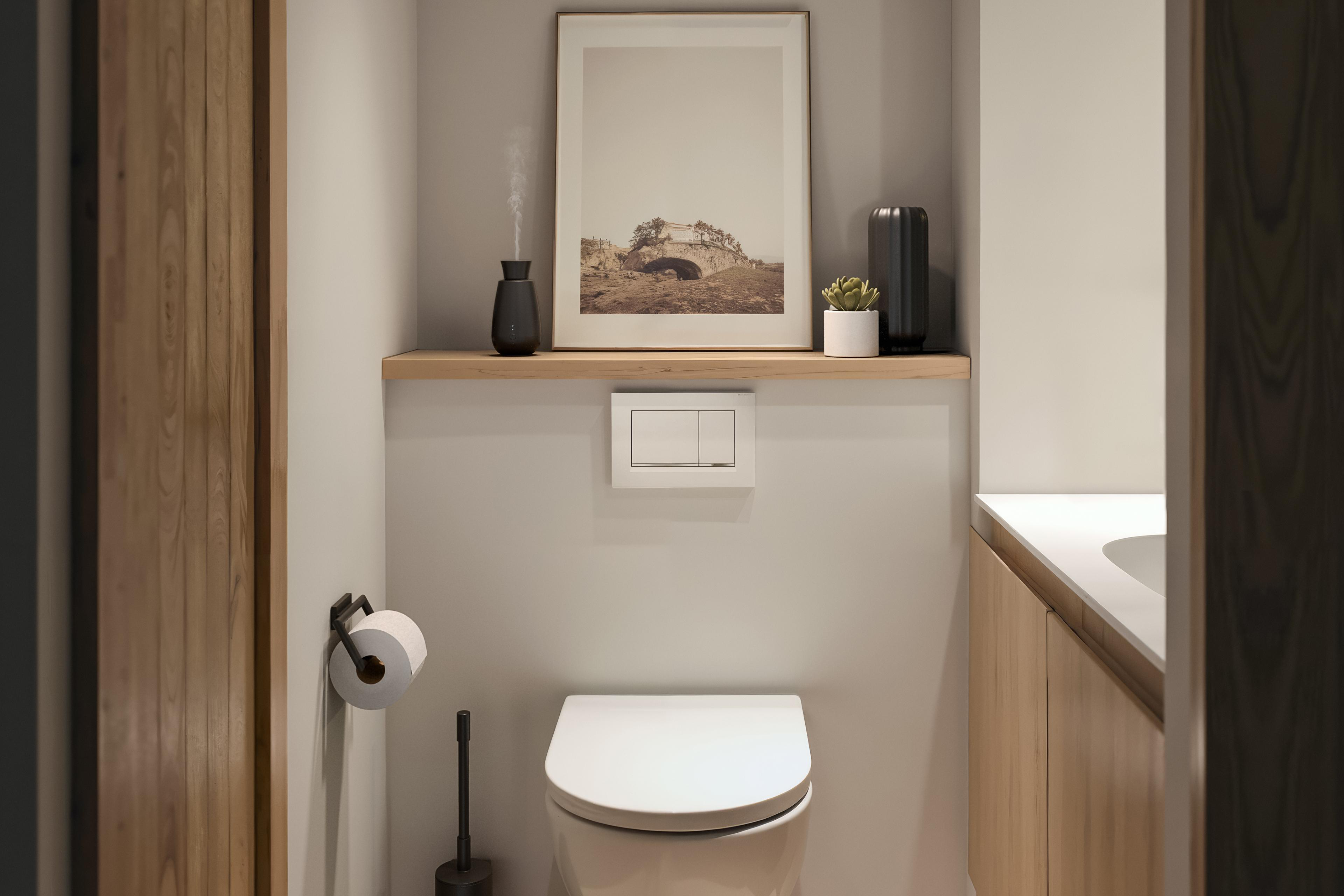 Toilette mit Bild und Diffusor an der Wand. Minimalistisches Badezimmer-Interieur.