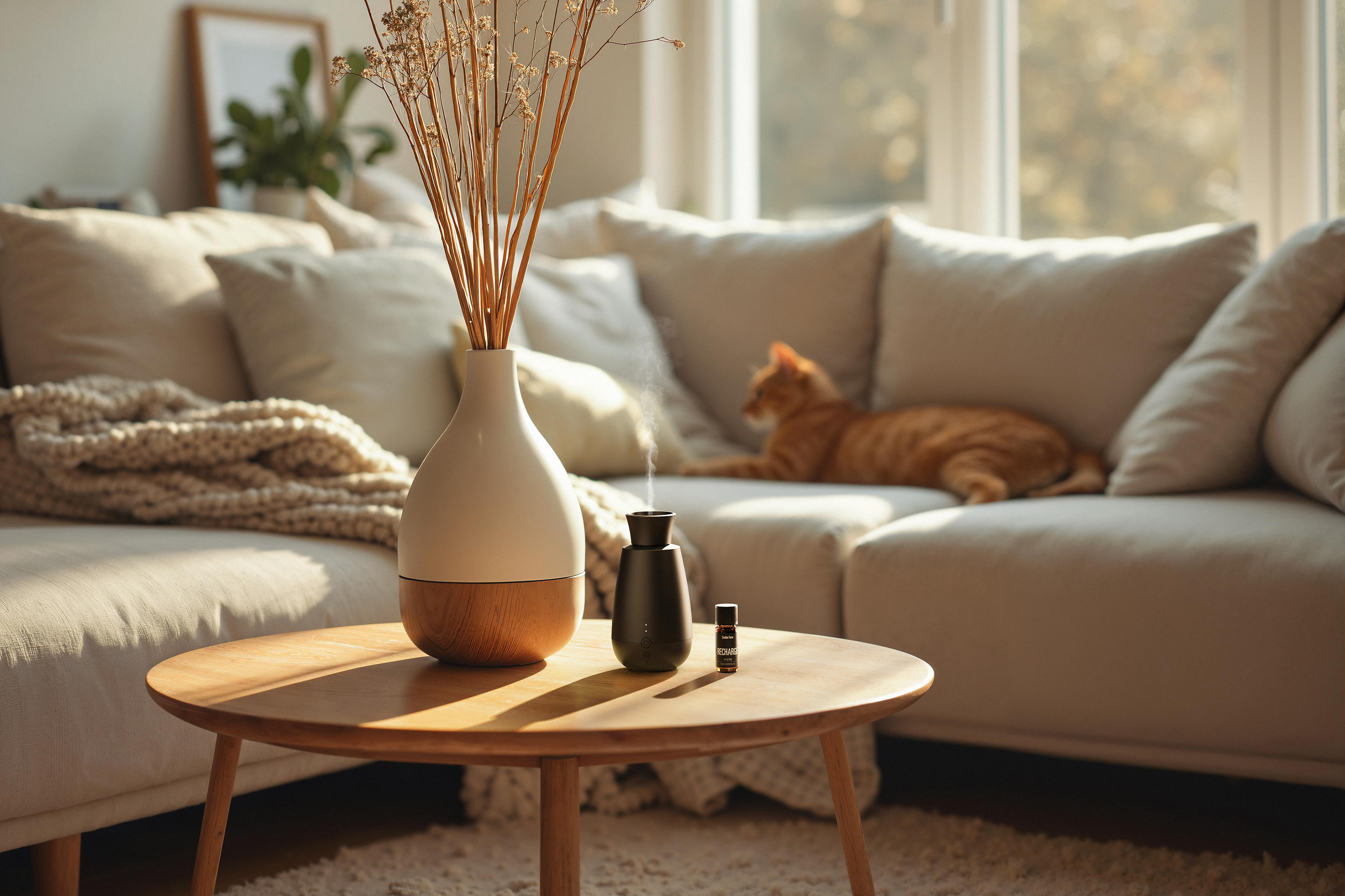 Wohnzimmer mit Aroma-Diffusor auf einem Tisch. Katze auf der Couch im Hintergrund.