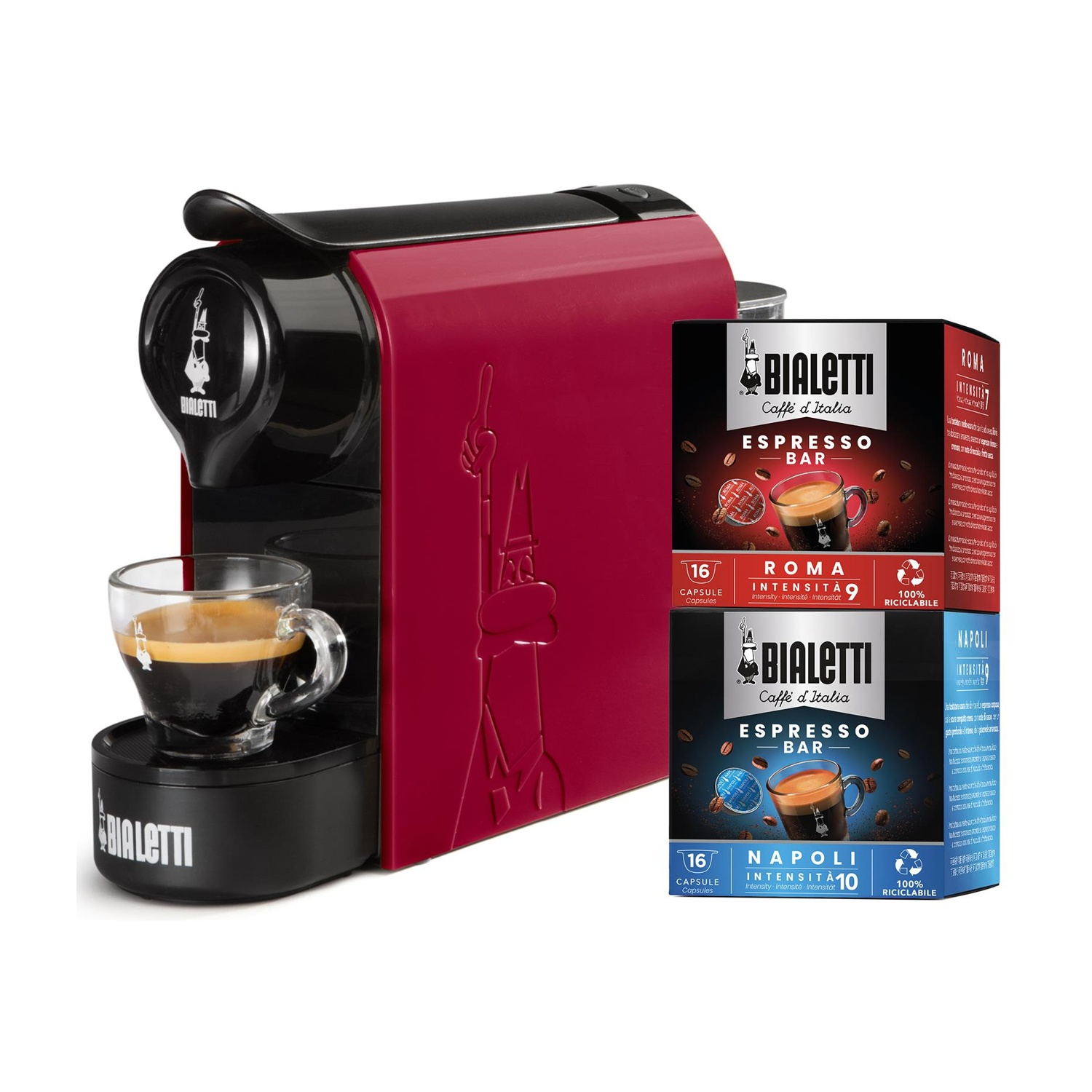 Macchina da caffè Bialetti rossa con tazza da espresso e due scatole di caffè.