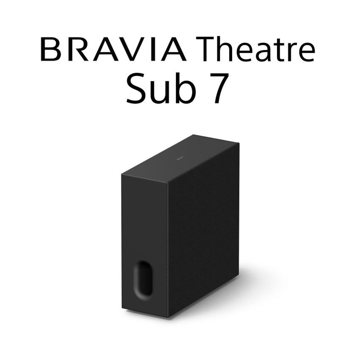 Un altoparlante nero rettangolare con una porta frontale, etichettato "BRAVIA Theatre Sub 7".