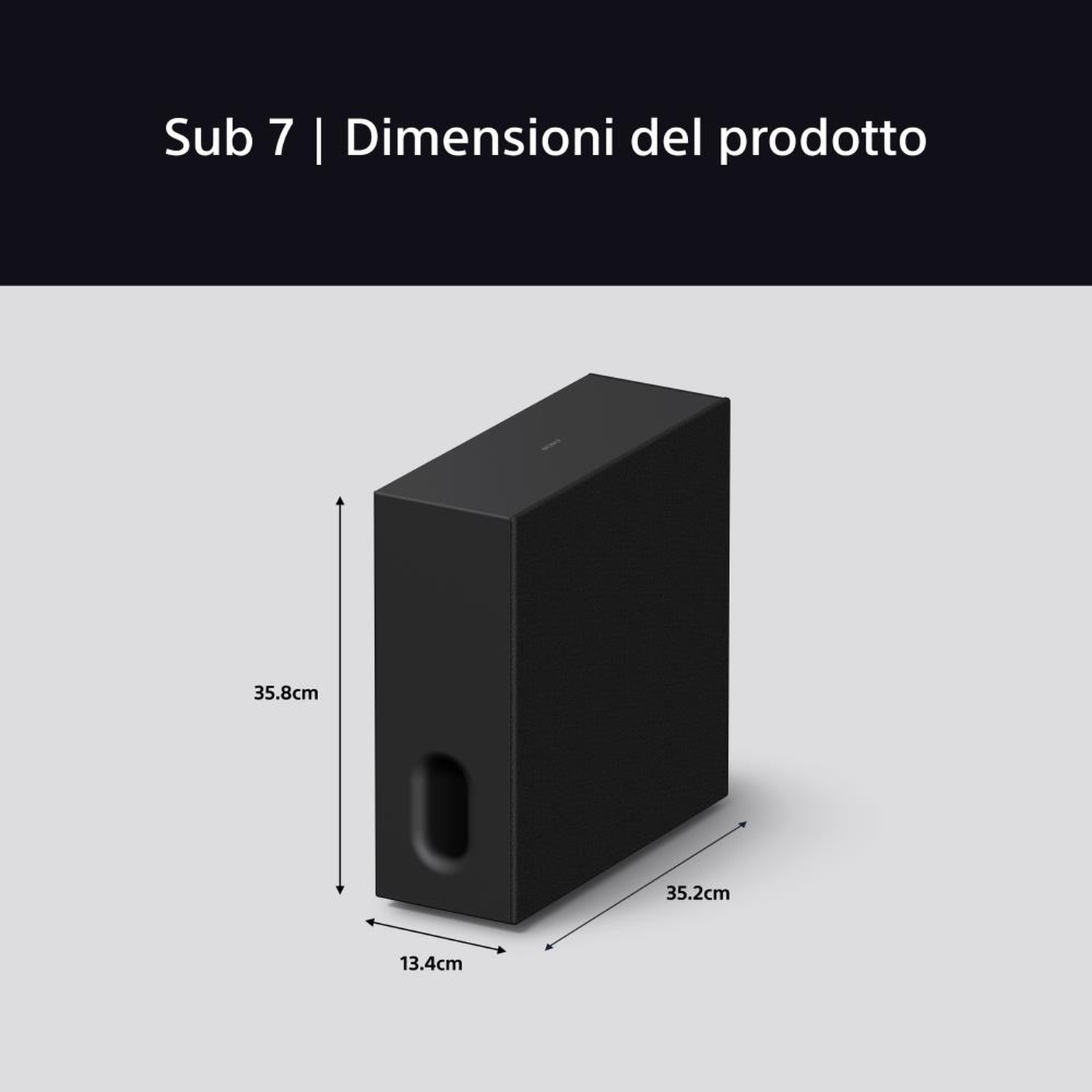 Altoparlante nero con dimensioni, testo in italiano. Il testo riguarda le dimensioni del prodotto.