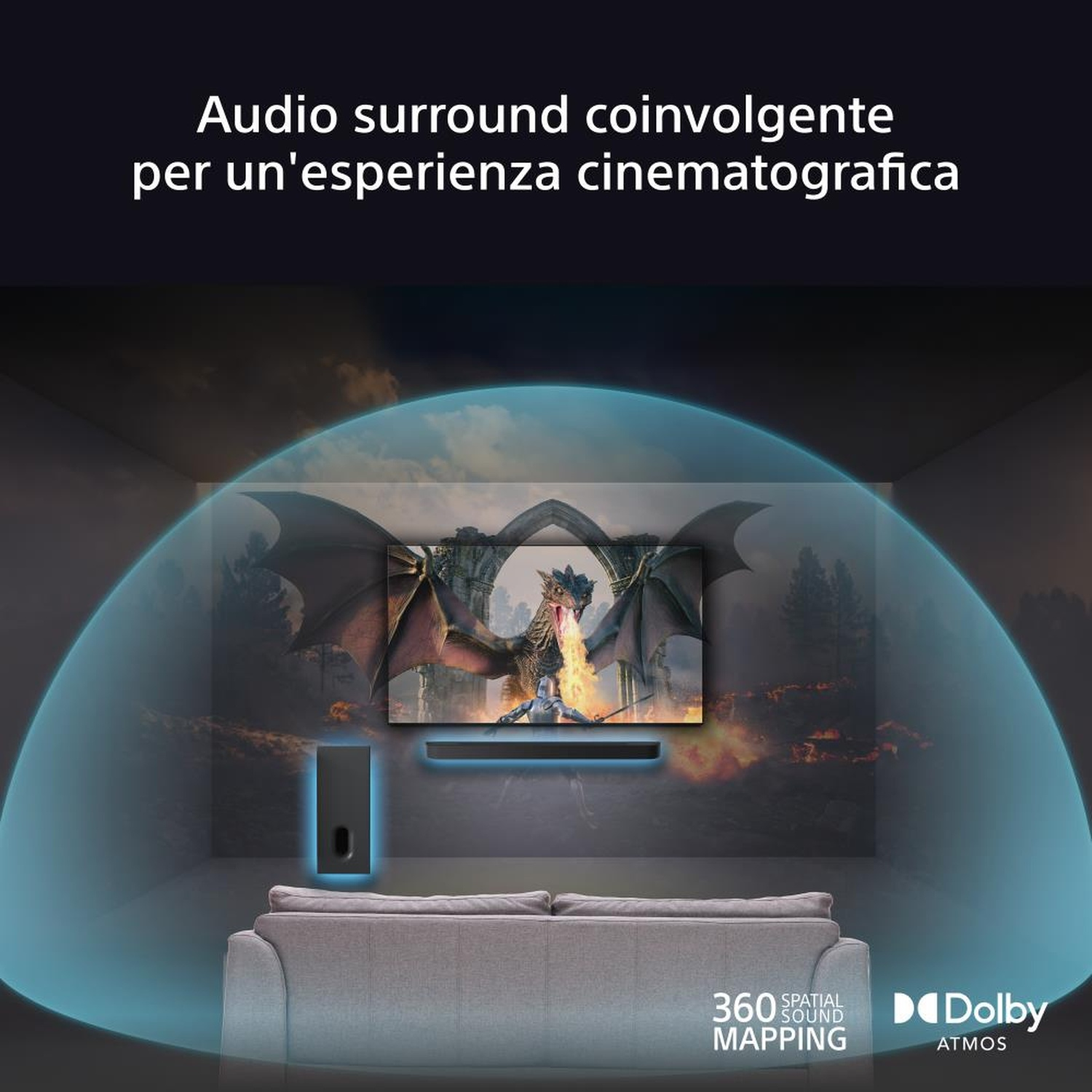 Un sistema home theater con un drago sullo schermo e visualizzazioni audio surround.