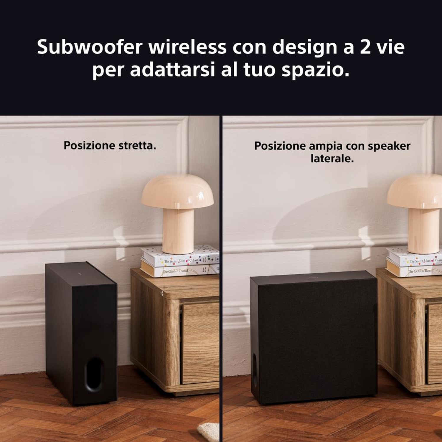 Un subwoofer nero in posizioni strette e larghe con testo in italiano. Il testo riguarda il design.