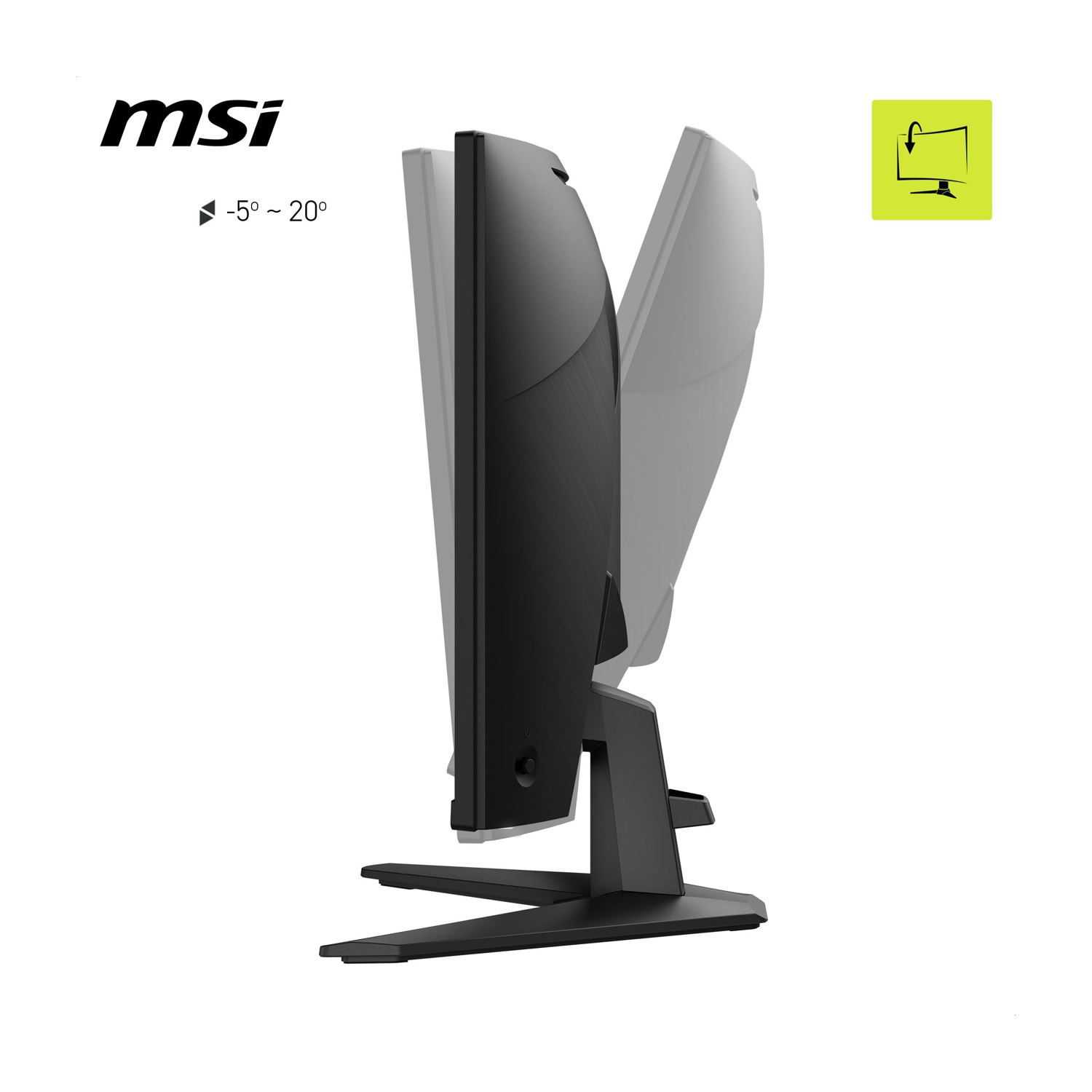 Vista laterale del monitor MSI. Mostra l'intervallo di inclinazione da -5 a 20 gradi. Monitor nero con supporto nero su sfondo bianco.