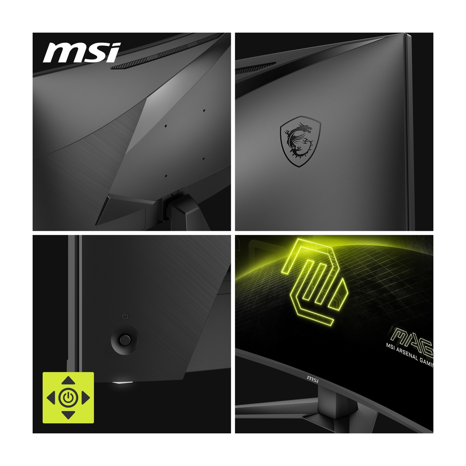 Primi piani di un monitor MSI. Mostra dettagli posteriori, logo e pulsante di accensione con interfaccia.