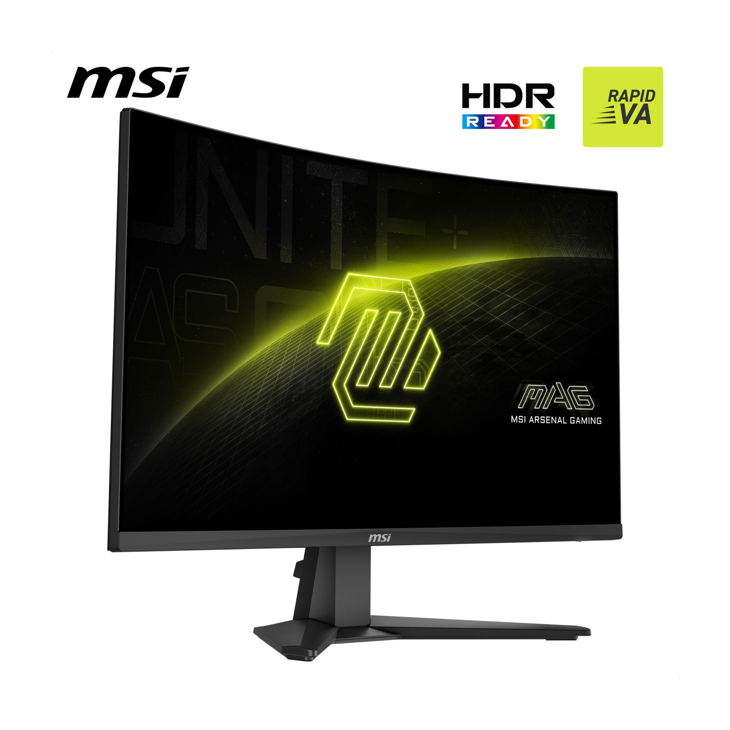 Monitor curvo MSI, cornice nera, con logo giallo sullo schermo. Le funzionalità HDR Ready e Rapid VA sono evidenziate.