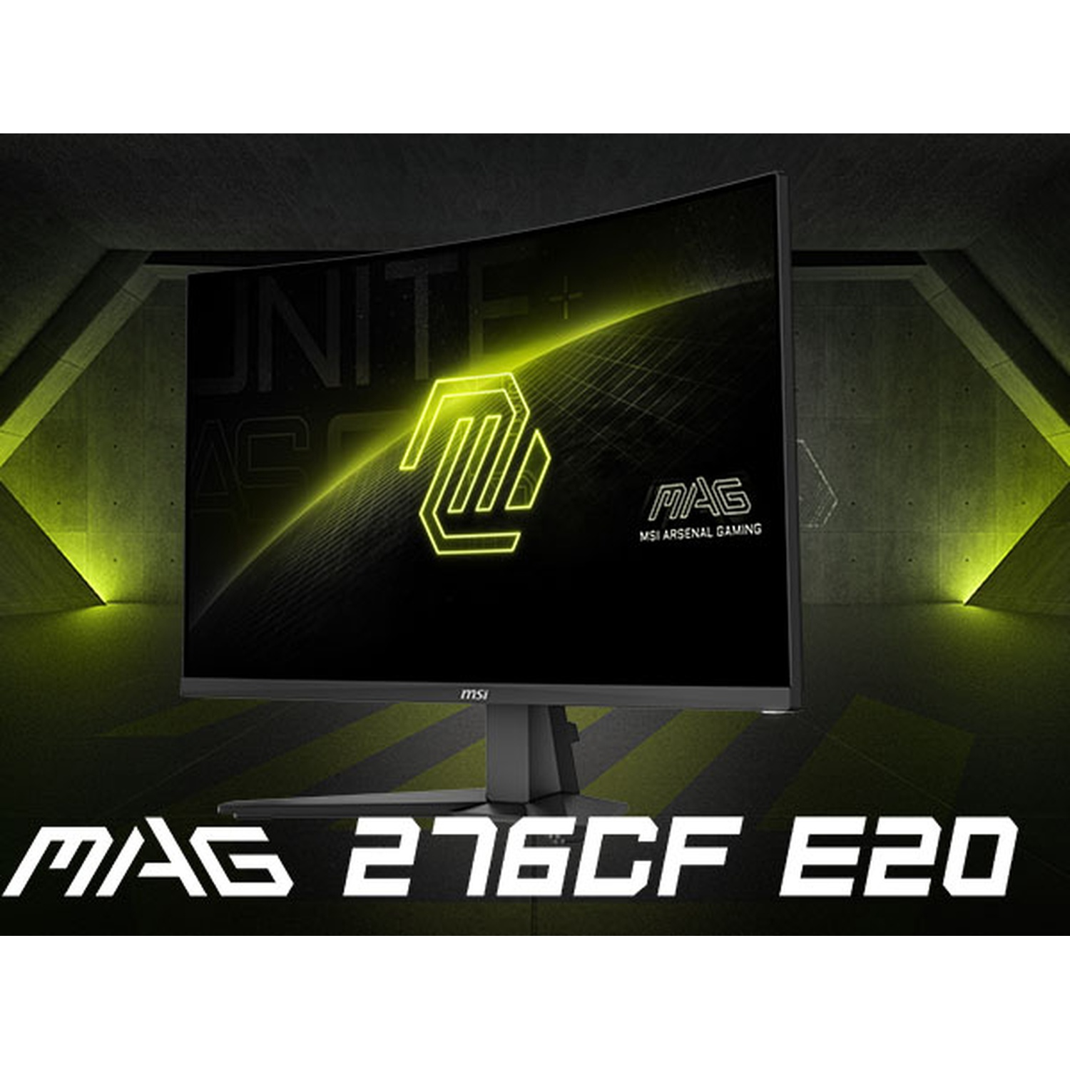 Monitor gaming MSI MAG 276CF E20. Nero con accenti gialli, in un ambiente industriale scuro.
