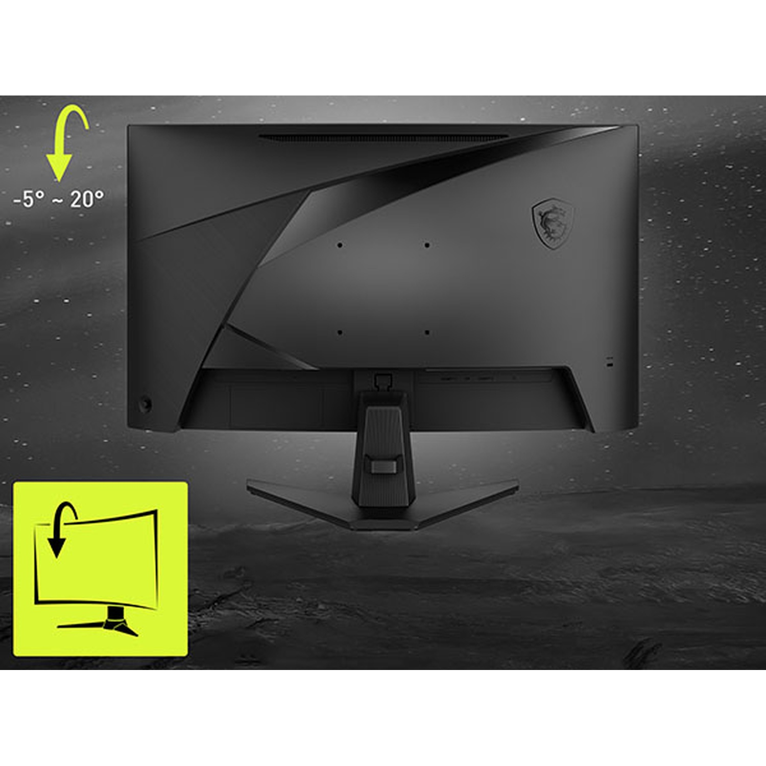 Vista posteriore di un monitor MSI. Mostra l'intervallo di regolazione dell'angolo di inclinazione. Monitor nero con supporto.