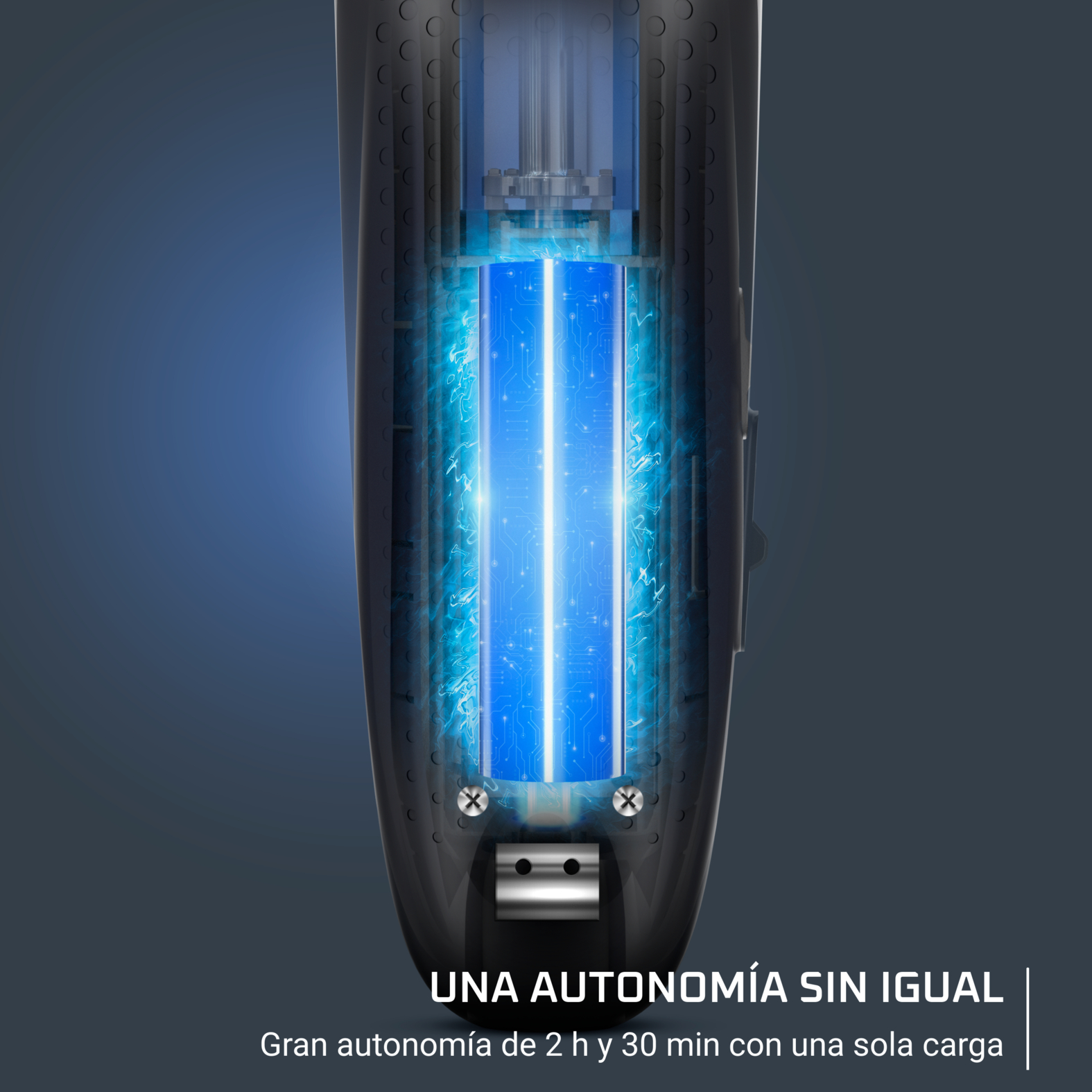 El interior de una recortadora muestra su batería. El texto dice 'Autonomía Inigualable'.