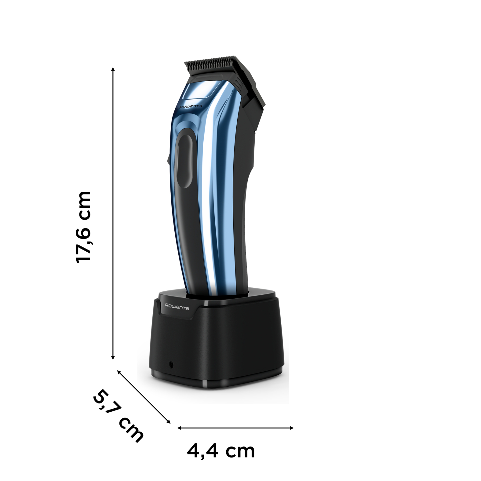 Una recortadora azul y negra está en su base de carga. Se muestran las dimensiones.