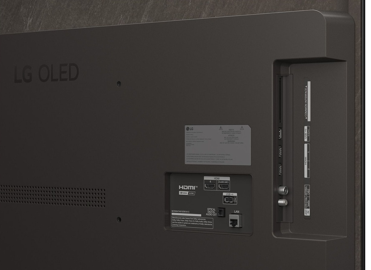 Tył telewizora LG OLED, pokazujący porty HDMI, USB, LAN i interfejsu.