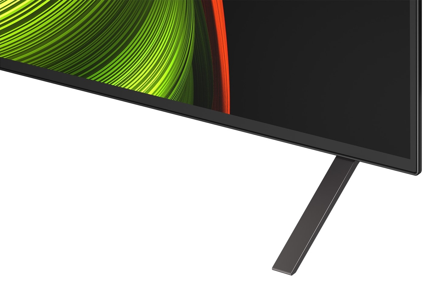 Zbliżenie rogu telewizora LG OLED, pokazujące stojak i ekran.