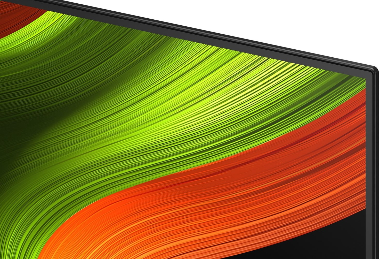 Zbliżenie ekranu telewizora LG OLED, pokazujące kolorowy falisty wzór.