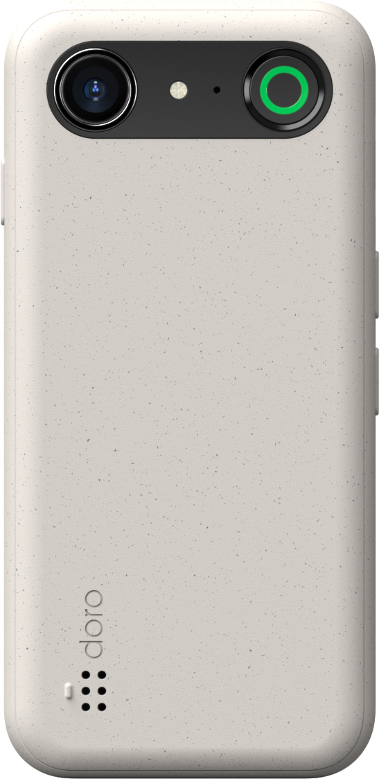 Beige Telefon-Rückansicht mit Kamera, Blitz und grün umrandeter Taste. Marke 'doro'.