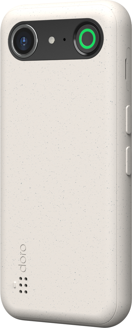 Beige Telefon-Rückansicht mit Kamera, Blitz und grün umrandeter Taste. Marke 'doro'.