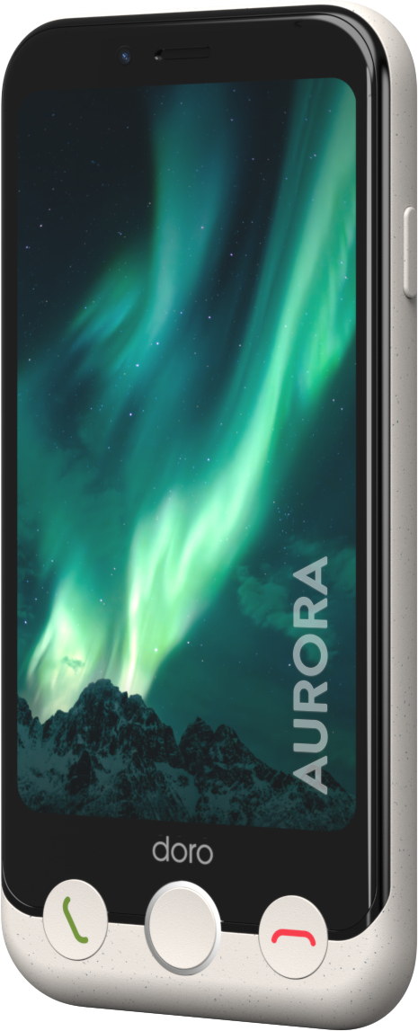 Doro-Telefon mit einem Bild der Aurora Borealis. Das Telefon hat Anruftasten. Das Wort 'AURORA'.