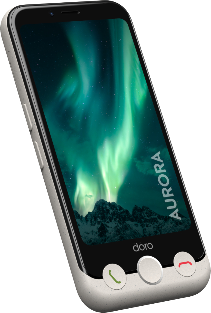 Doro-Telefon mit einem Bild der Aurora Borealis. Das Telefon hat Anruftasten. Das Wort 'AURORA'.