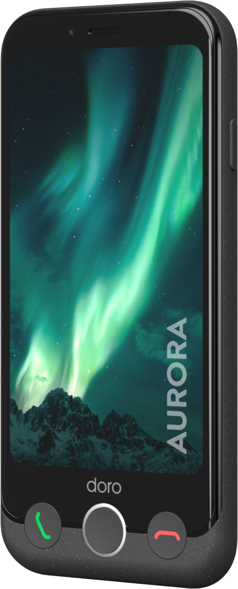Doro-Telefon mit einem Bild der Aurora Borealis. Das Telefon hat Anruftasten. Das Wort 'AURORA'.