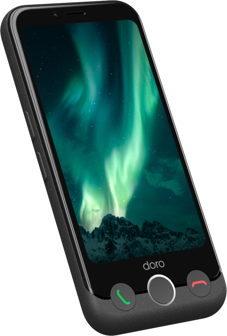 Doro-Telefon mit einem Bild der Aurora Borealis. Das Telefon hat Anruftasten. Das Wort 'AURORA'.