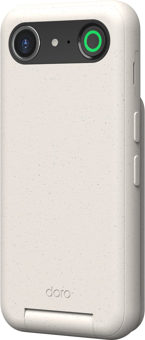 Beige Telefon-Rückansicht mit Kamera, Blitz und grün umrandeter Taste. Marke 'doro'.