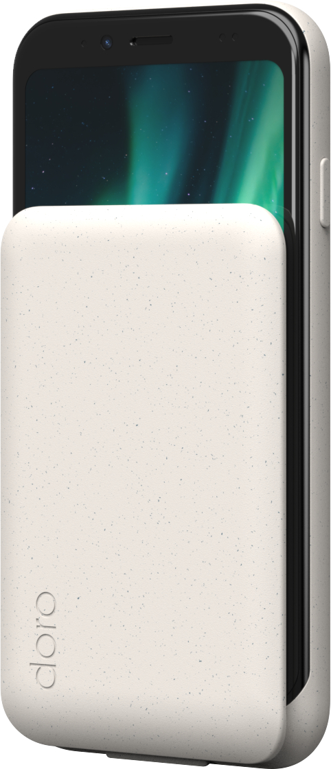 Telefon in einer cremefarbenen Hülle, mit einem Bildschirm, der ein Nordlicht zeigt. Der Markenname 'doro' ist sichtbar.