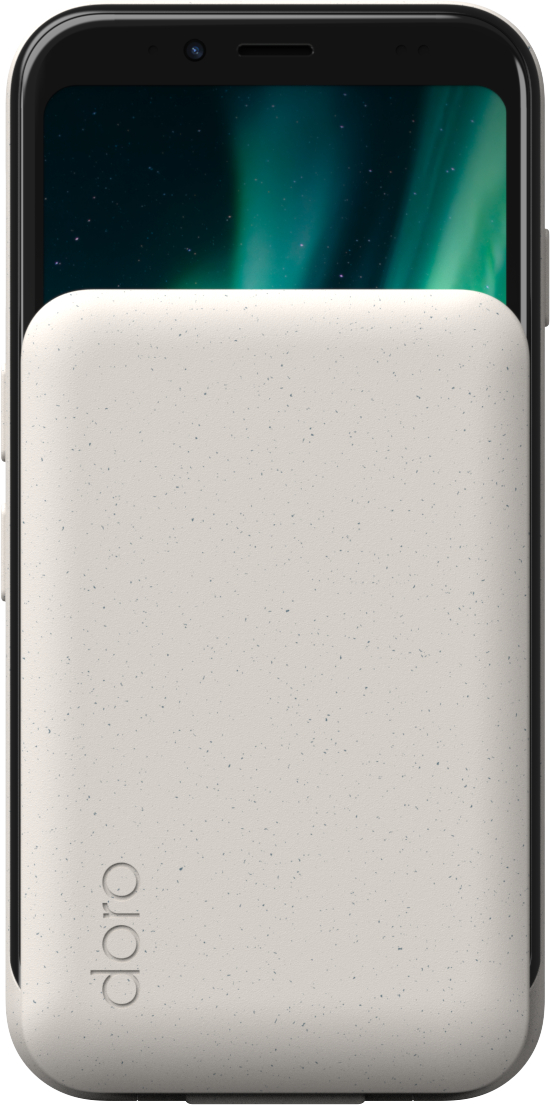 Telefon in cremefarbener Hülle mit Aurora auf dem Bildschirm. Der Markenname 'doro' unten sichtbar.