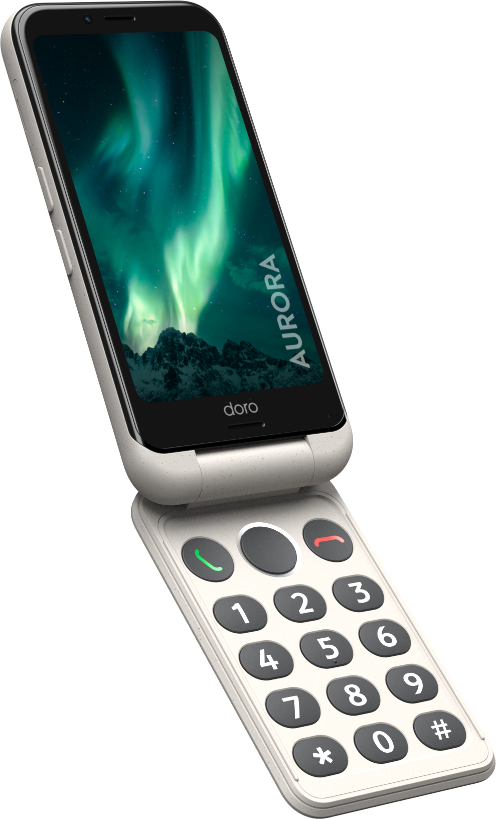 Klapphandy geöffnet, zeigt Aurora auf dem Bildschirm, mit Tastatur. 'AURORA' auf dem Bildschirm, 'doro' unten.