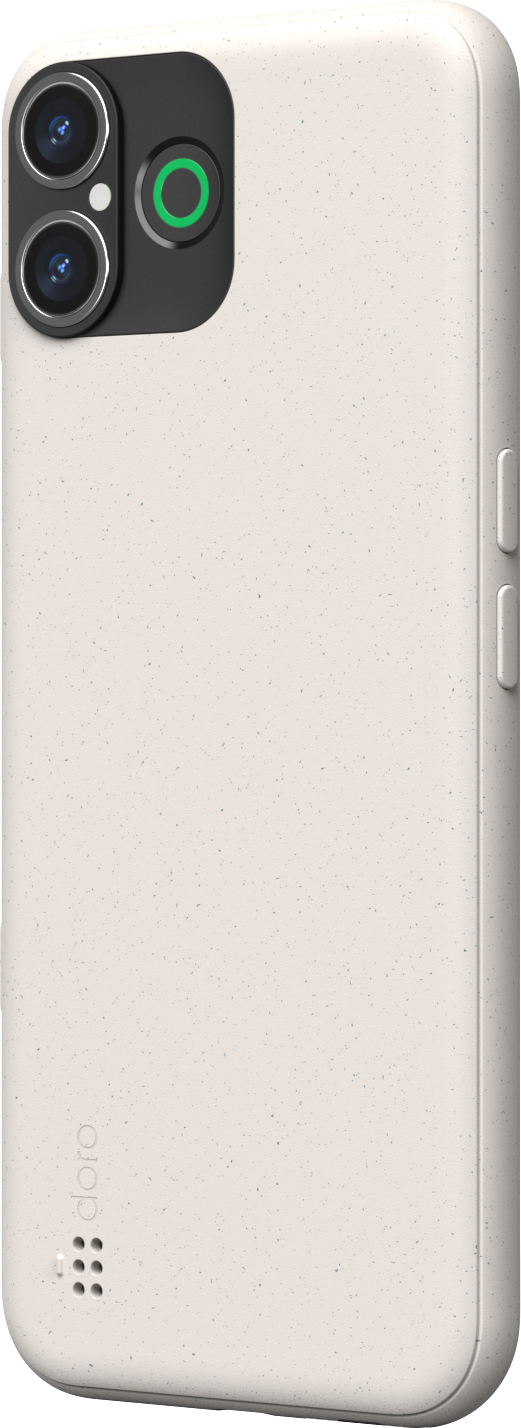Beigefarbenes Telefon mit schwarzem Kameramodul. Seitenansicht. Knöpfe auf der rechten Seite.