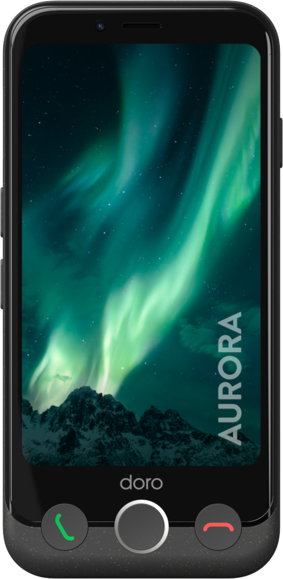 Telefonbildschirm zeigt Nordlichter über Bergen. Grüne & rote Anruftasten. Text AURORA.