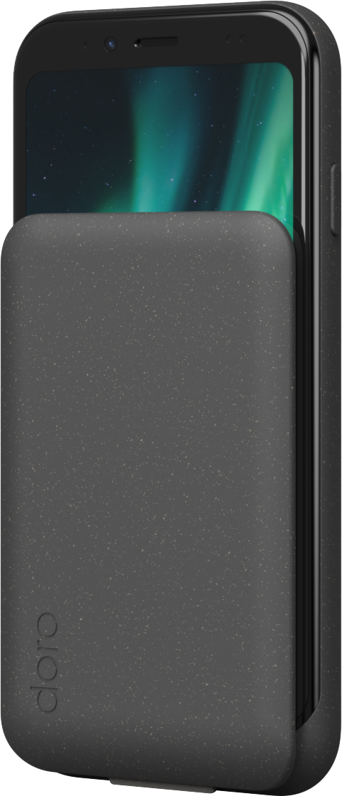 Schwarzes Telefon mit grauem Gehäuse. Der Bildschirm zeigt eine grüne und blaue Aurora.