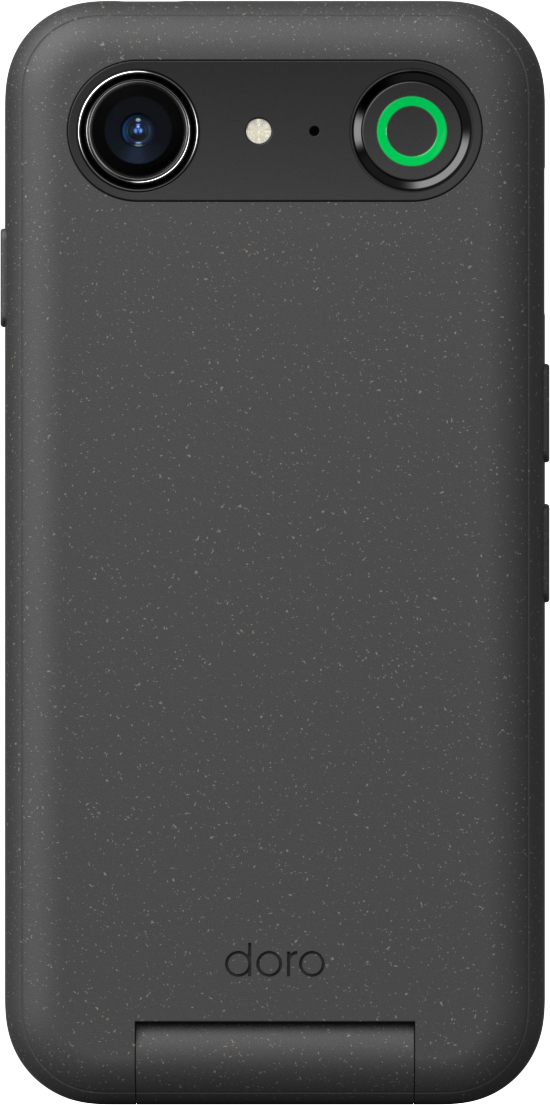 Eine schwarze Telefonrückseite mit Kamera und Blitz. Das Gehäuse ist grau mit Logo.