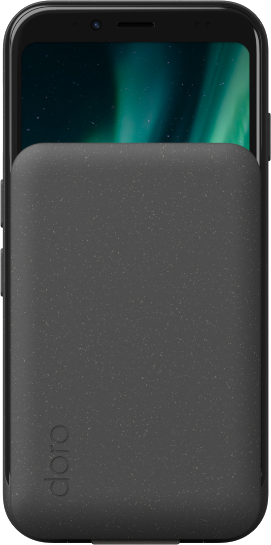 Schwarzes Telefon mit grauem Gehäuse. Der Bildschirm zeigt eine grüne und blaue Aurora.