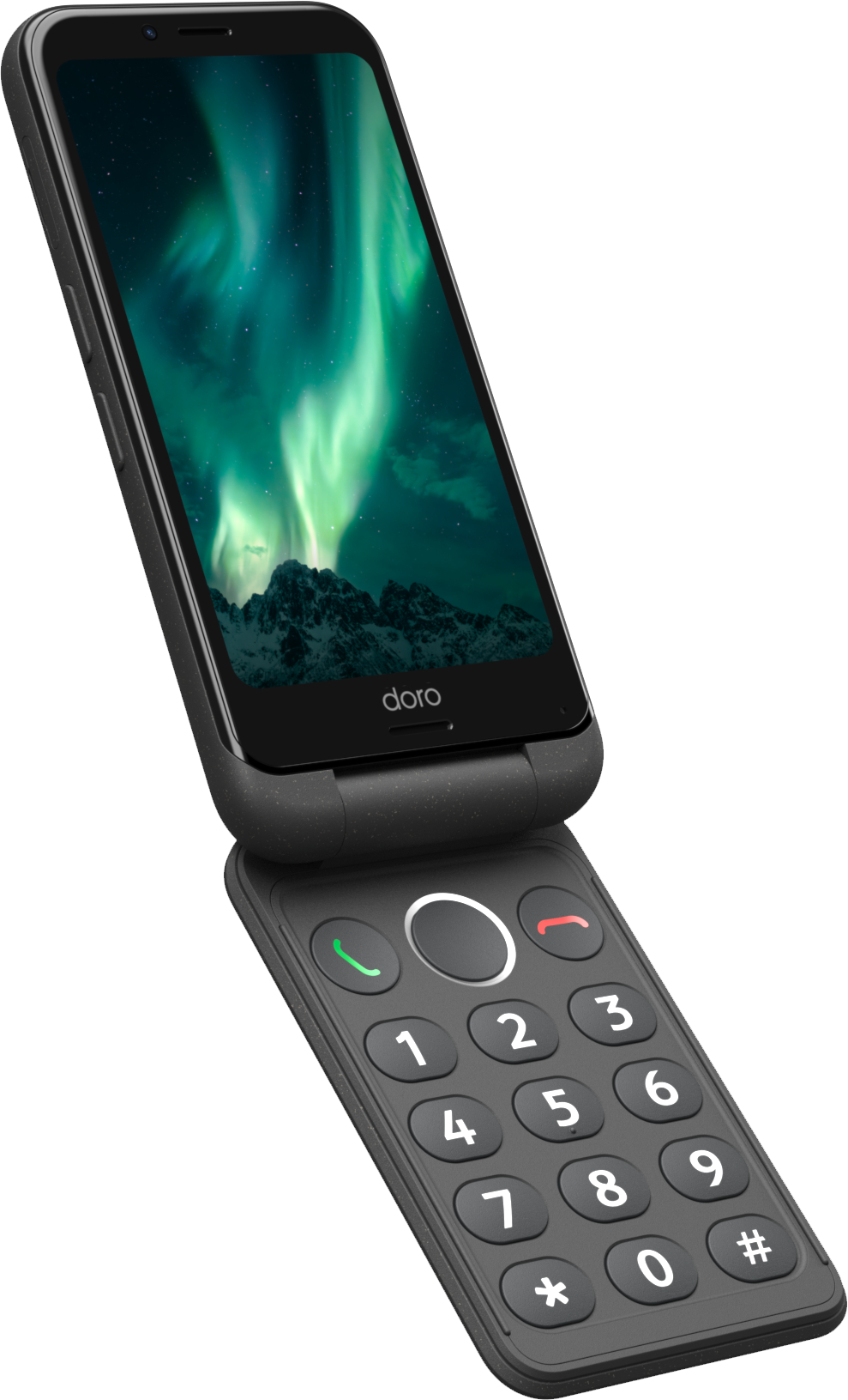 Schwarzes Klapphandy offen. Der Bildschirm zeigt grüne Aurora, Telefon hat Zifferntasten.