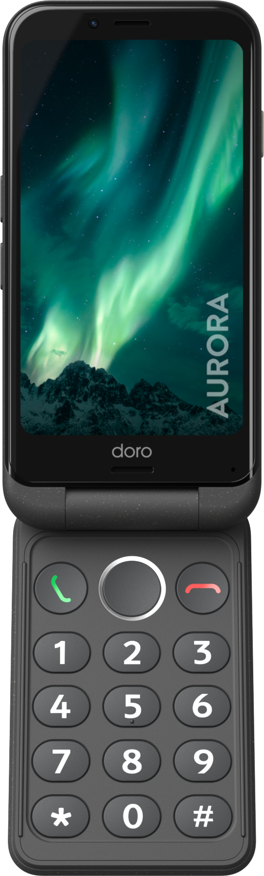 Schwarzes Klapphandy offen. Der Bildschirm zeigt grüne Aurora und das Wort AURORA.