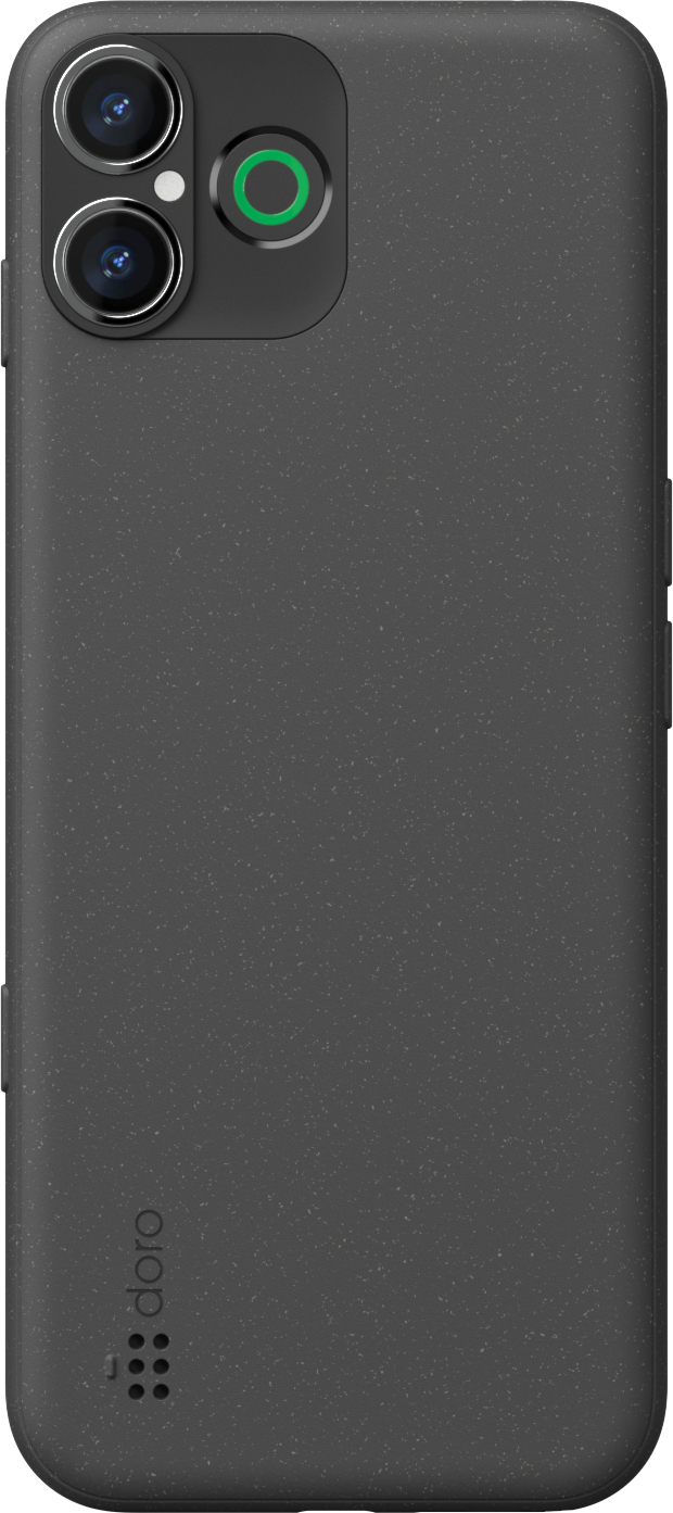 Eine schwarze Telefonrückseite mit Kamera und Blitz. Das Gehäuse ist grau mit Logo.