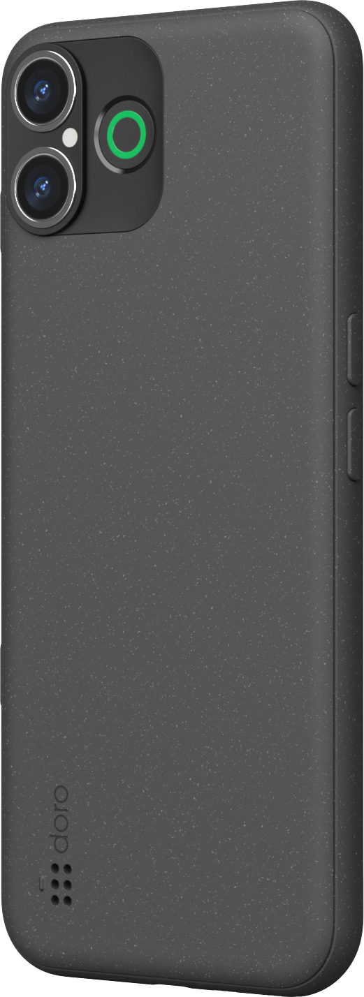 Eine schwarze Telefonrückseite mit Kamera und Blitz. Das Gehäuse ist grau mit Logo.