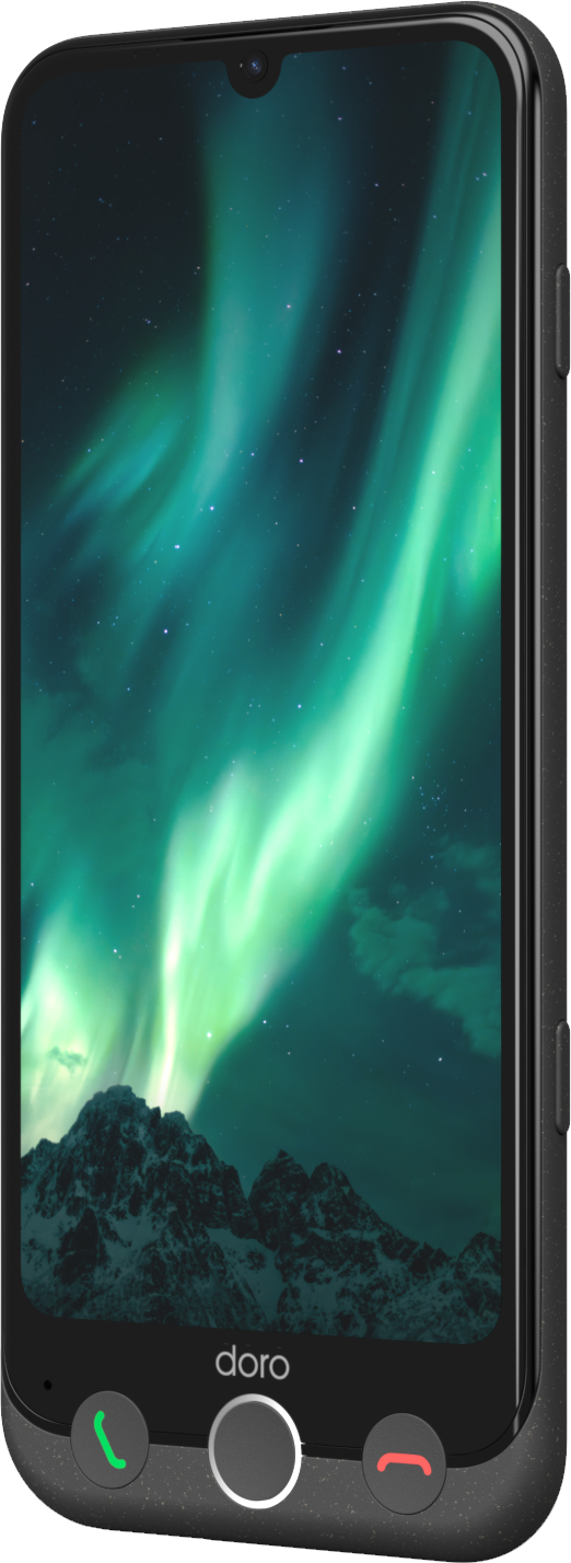 Schwarzes Telefon. Der Bildschirm zeigt grüne und blaue Aurora. Telefon hat Tasten.