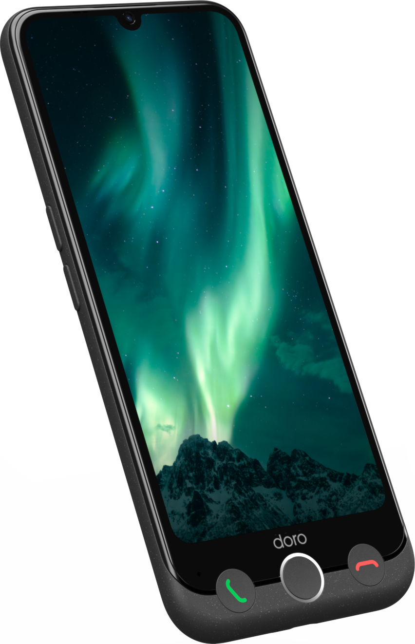 Schwarzes Telefon. Der Bildschirm zeigt grüne und blaue Aurora. Telefon hat Tasten.