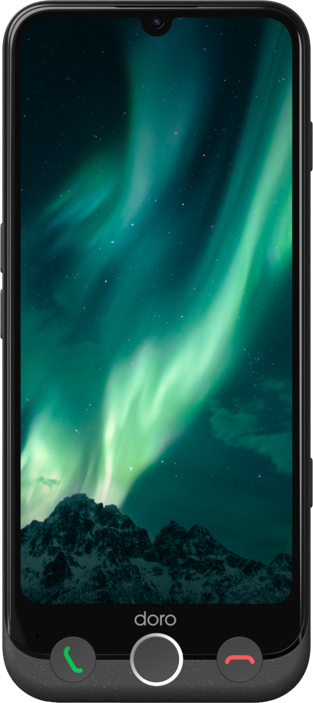 Schwarzes Telefon. Der Bildschirm zeigt grüne und blaue Aurora. Telefon hat Tasten.