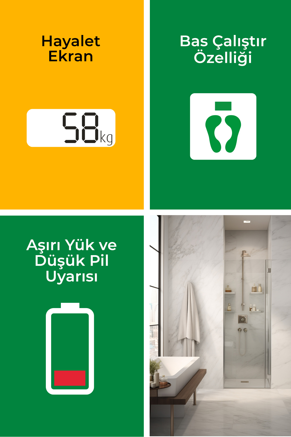 Siyah dijital terazi, el basıyor, banyo zemininde, dayanıklı cam yüzey.