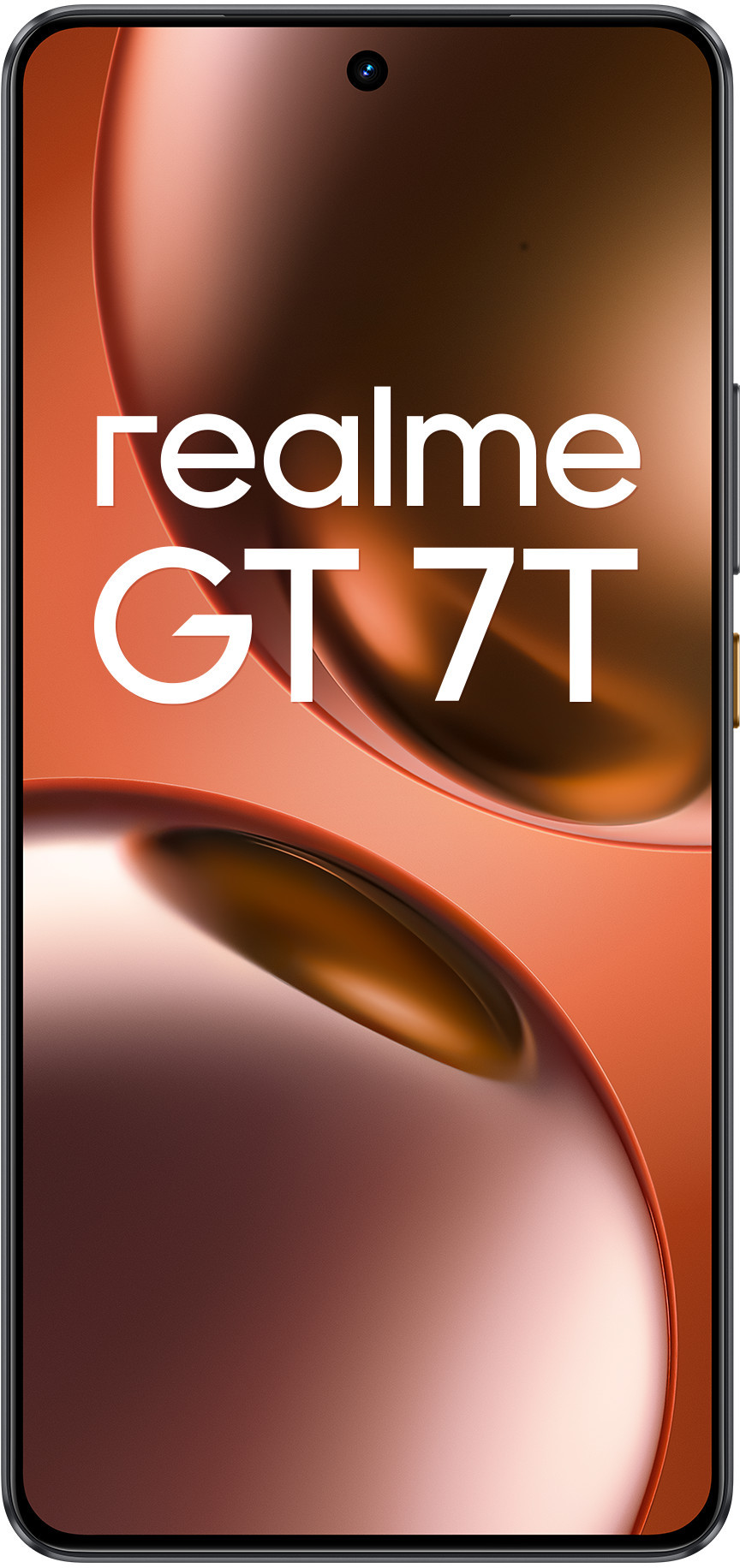 Widok z przodu smartfona: realme GT 7T, z pomarańczowym i brązowym tłem. Górny aparat.