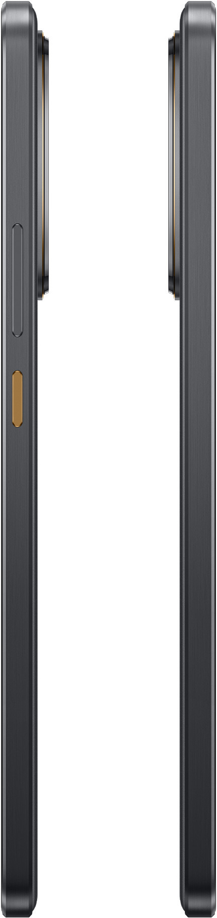 Dwa widoki boczne ciemnoszarego smartfona. Pokazuje przyciski boczne i szczegóły aparatu. Metalowa ramka.